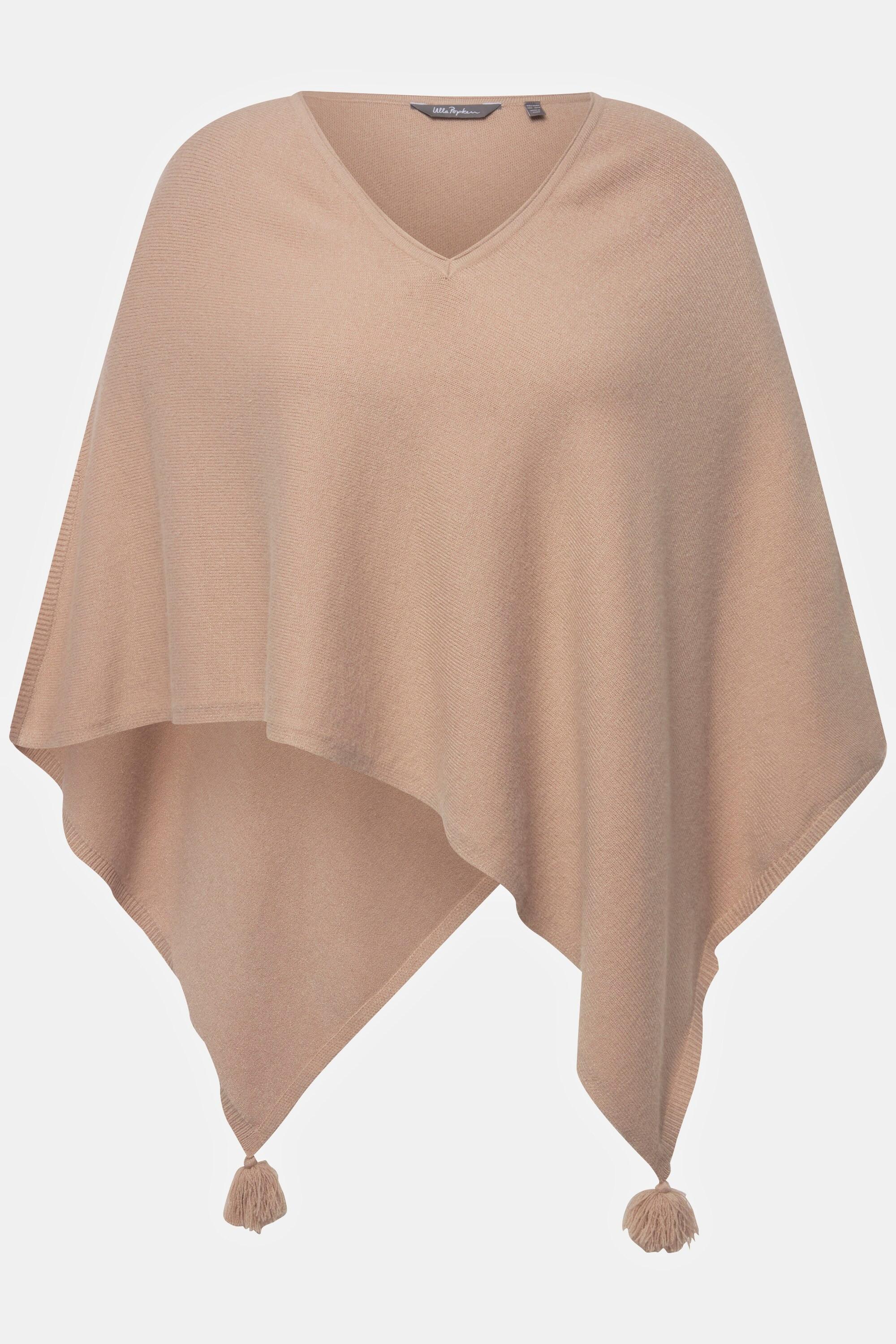 Ulla Popken  Poncho en maille, finition en pointe, pompon, col en V, sans manches 