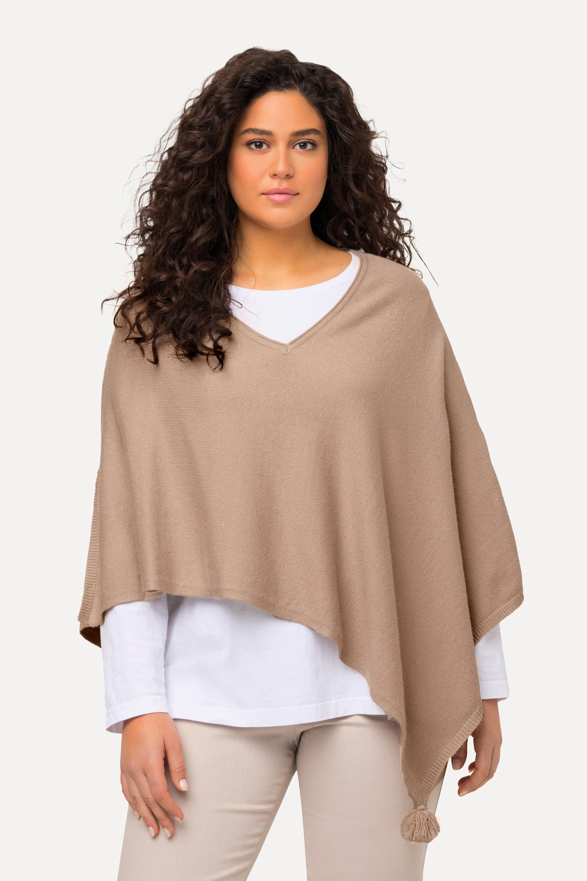 Ulla Popken  Poncho en maille, finition en pointe, pompon, col en V, sans manches 