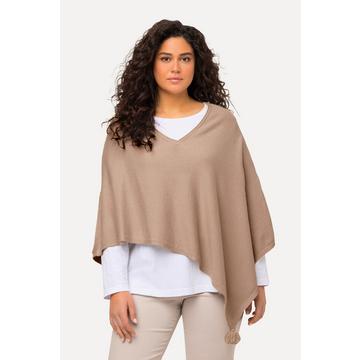 Poncho en maille, finition en pointe, pompon, col en V, sans manches