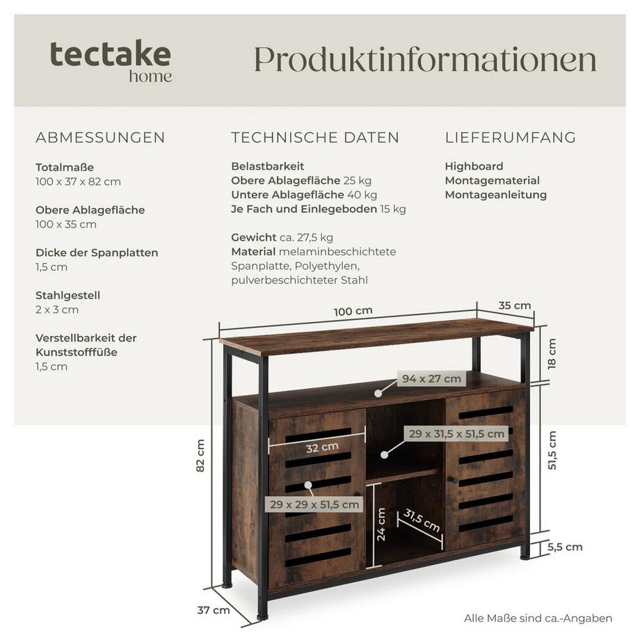 Tectake Sideboard Warrington Industrial Style Holz und Stahl  