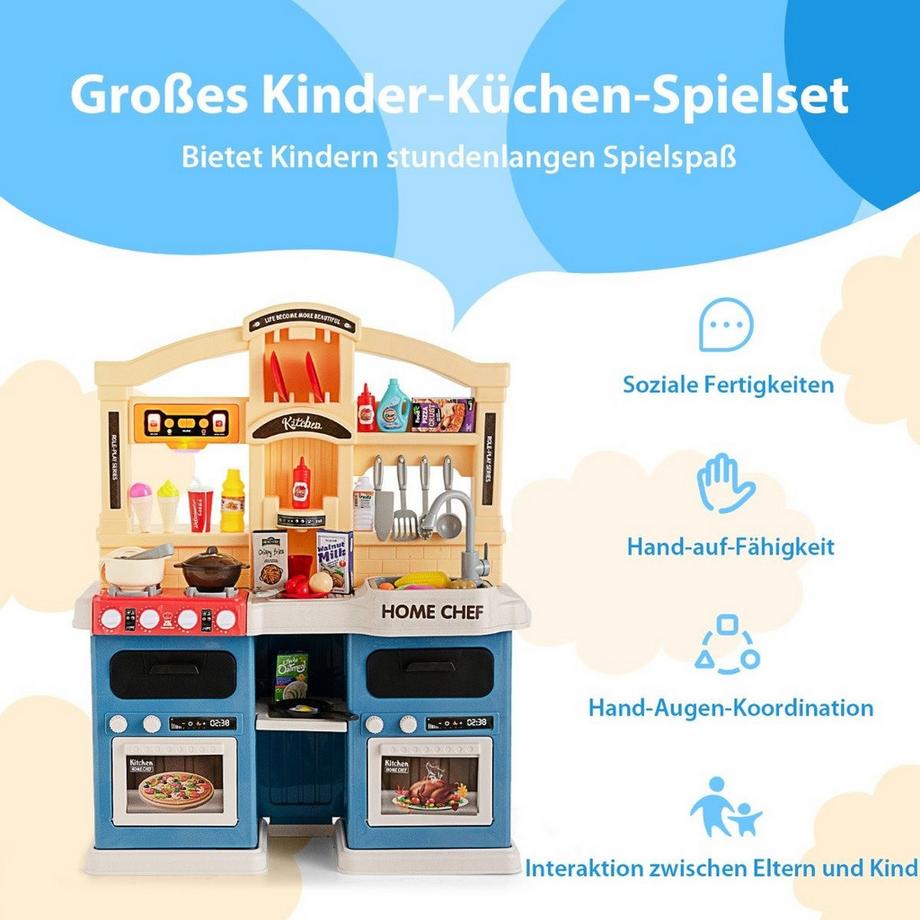 Northix  69 TLG. Kinderküche inkl. Zubehör Spielküche mit Lichter & Dampf & Musik & Sound Blau 