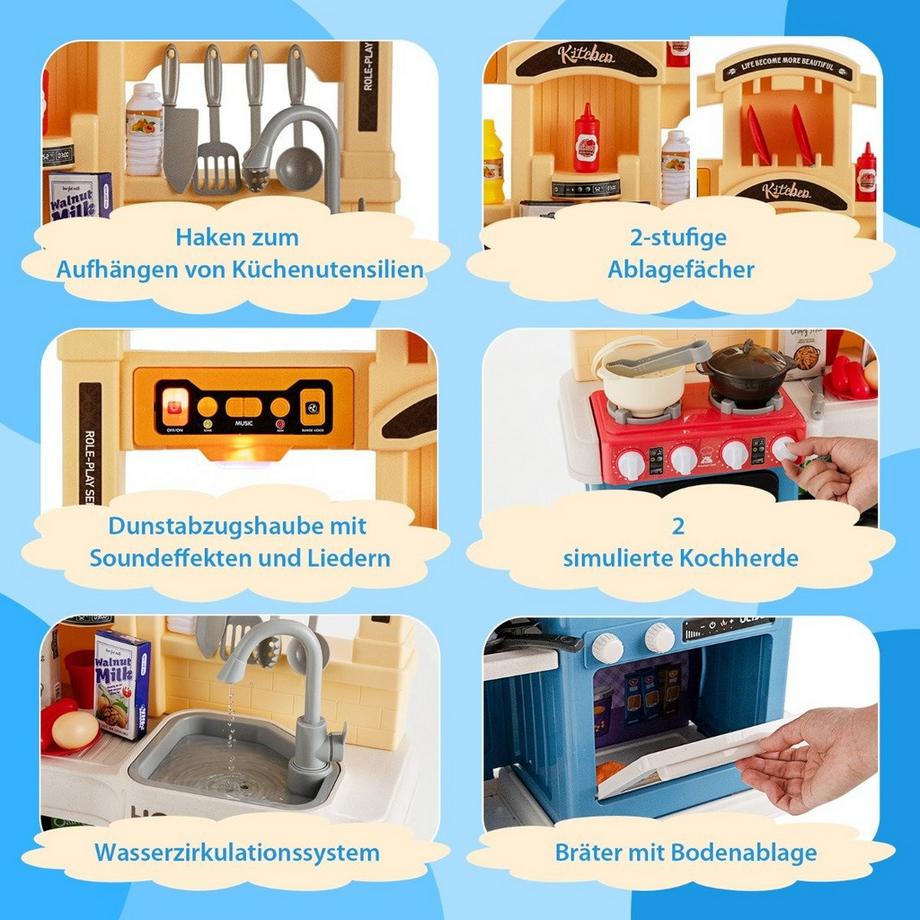 Northix  69 TLG. Kinderküche inkl. Zubehör Spielküche mit Lichter & Dampf & Musik & Sound Blau 
