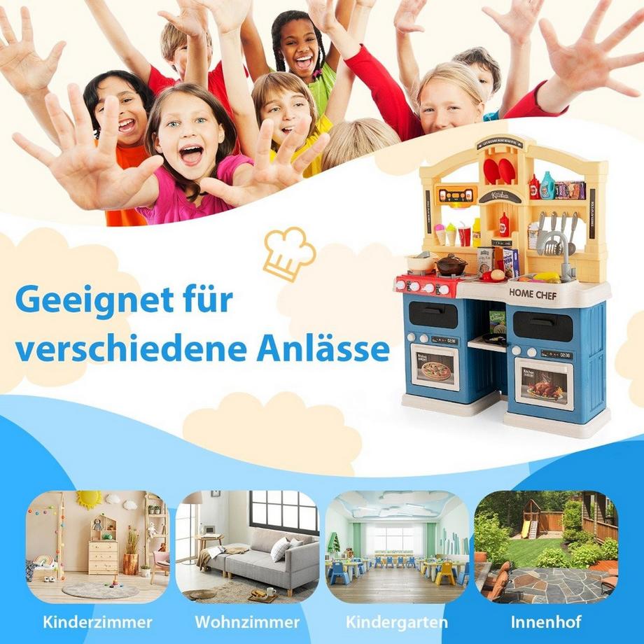 Northix  69 TLG. Kinderküche inkl. Zubehör Spielküche mit Lichter & Dampf & Musik & Sound Blau 