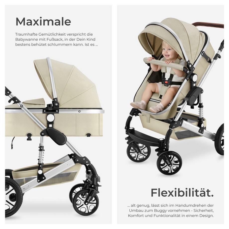 Tectake  Poussette combinée MATS 2-en-1 pliable avec harnais à 5 points, frein, arceau de sécurité et dragonne 