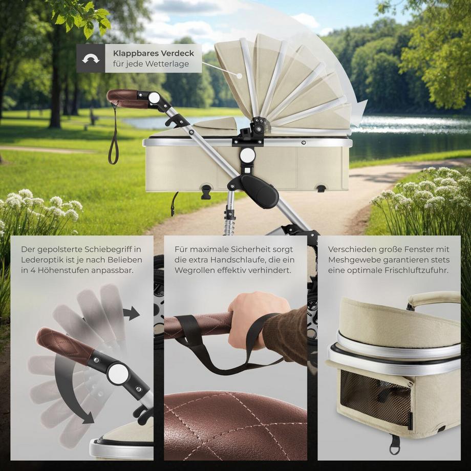 Tectake  Poussette combinée MATS 2-en-1 pliable avec harnais à 5 points, frein, arceau de sécurité et dragonne 