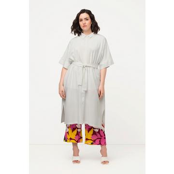 Robe midi en lin mélangé, col chemise et manches courtes, ceinture