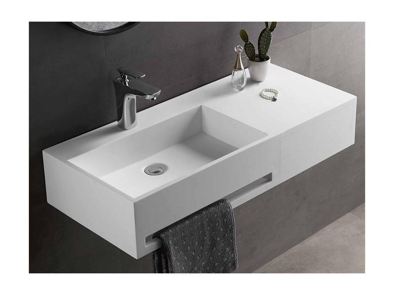 Vente-unique Plan vasque suspendu en solid surface avec porte serviettes - Blanc - L90 x l40 x H17 cm - GANDAKI  