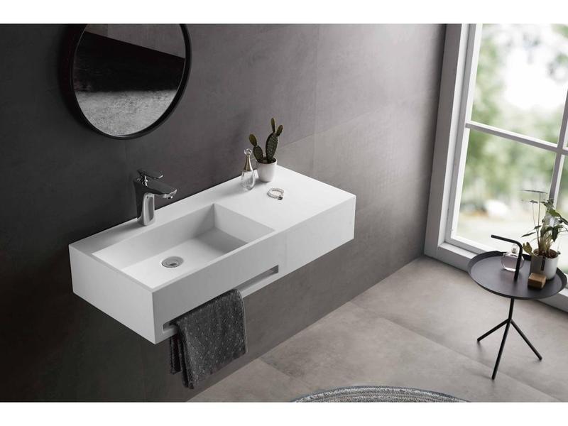 Vente-unique Plan vasque suspendu en solid surface avec porte serviettes - Blanc - L90 x l40 x H17 cm - GANDAKI  