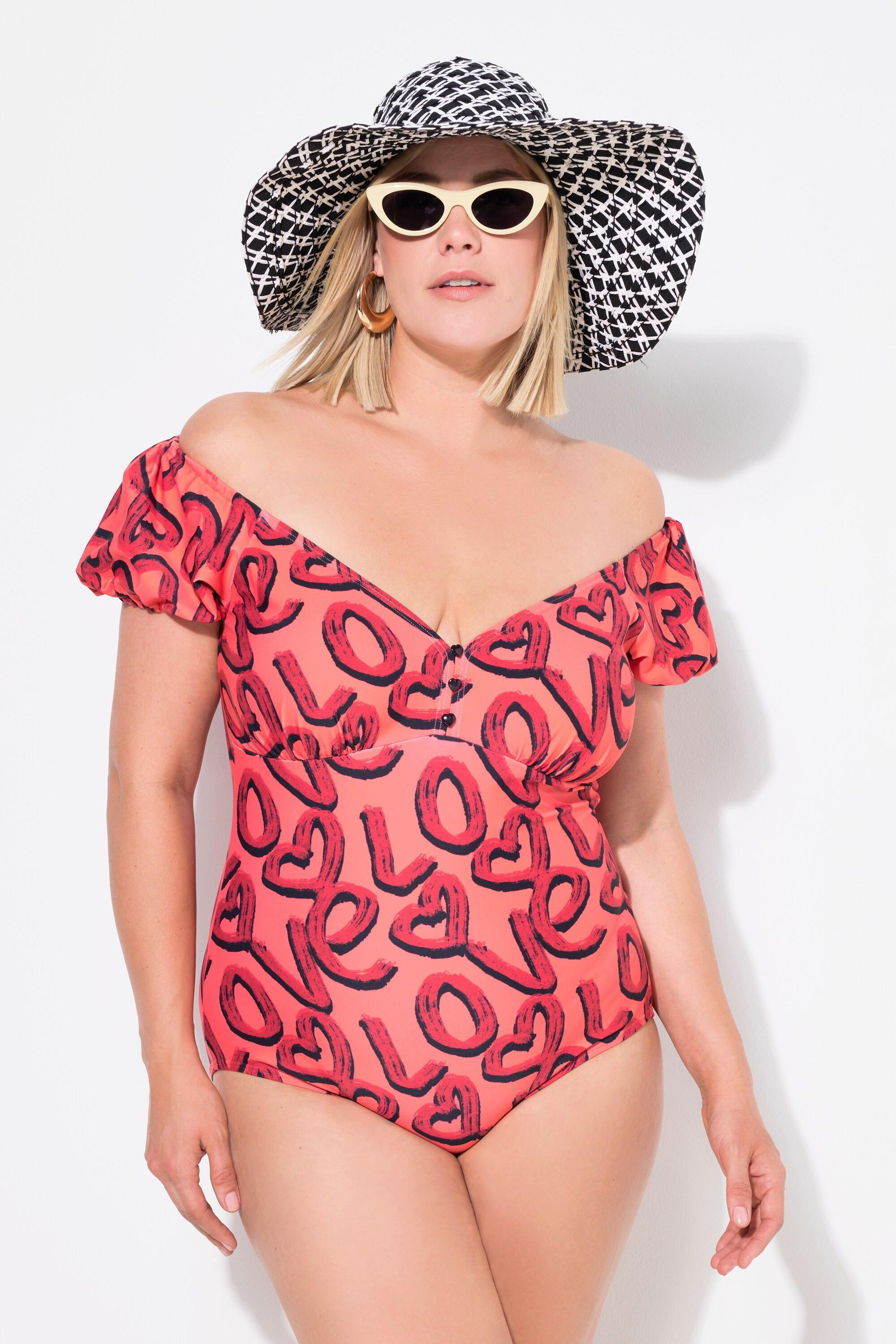 Ulla Popken  Maillot de bain imprimé Love, bonnets souples, manches bouffantes, matière recyclée 