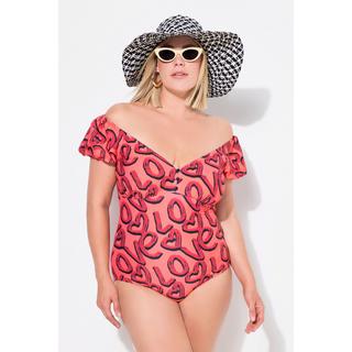 Ulla Popken  Maillot de bain imprimé Love, bonnets souples, manches bouffantes, matière recyclée 