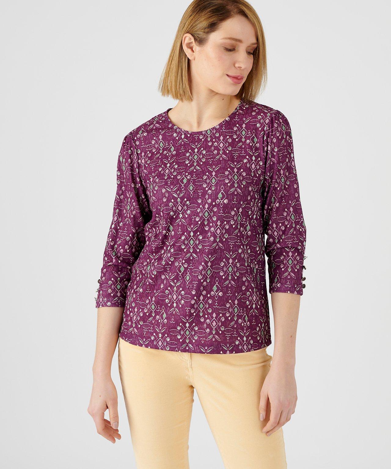 Damart  Tee-jacquard en jacquard fantaisie, col rond, manches 3/4. 