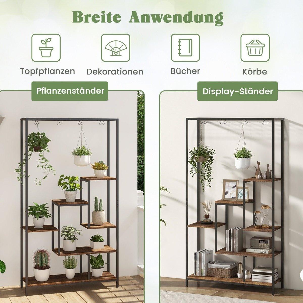 Northix Pflanzenständer 6 Etagen 180 cm Pflanzenregal Metall mit 10 S-Haken Schwarz + Rustikales Braun  