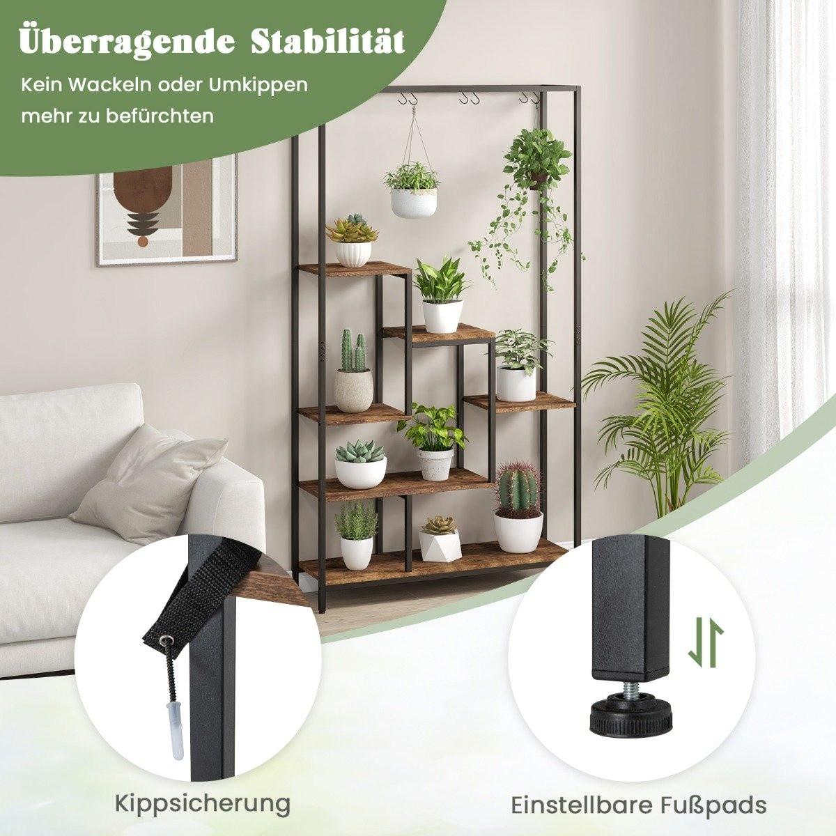 Northix Pflanzenständer 6 Etagen 180 cm Pflanzenregal Metall mit 10 S-Haken Schwarz + Rustikales Braun  
