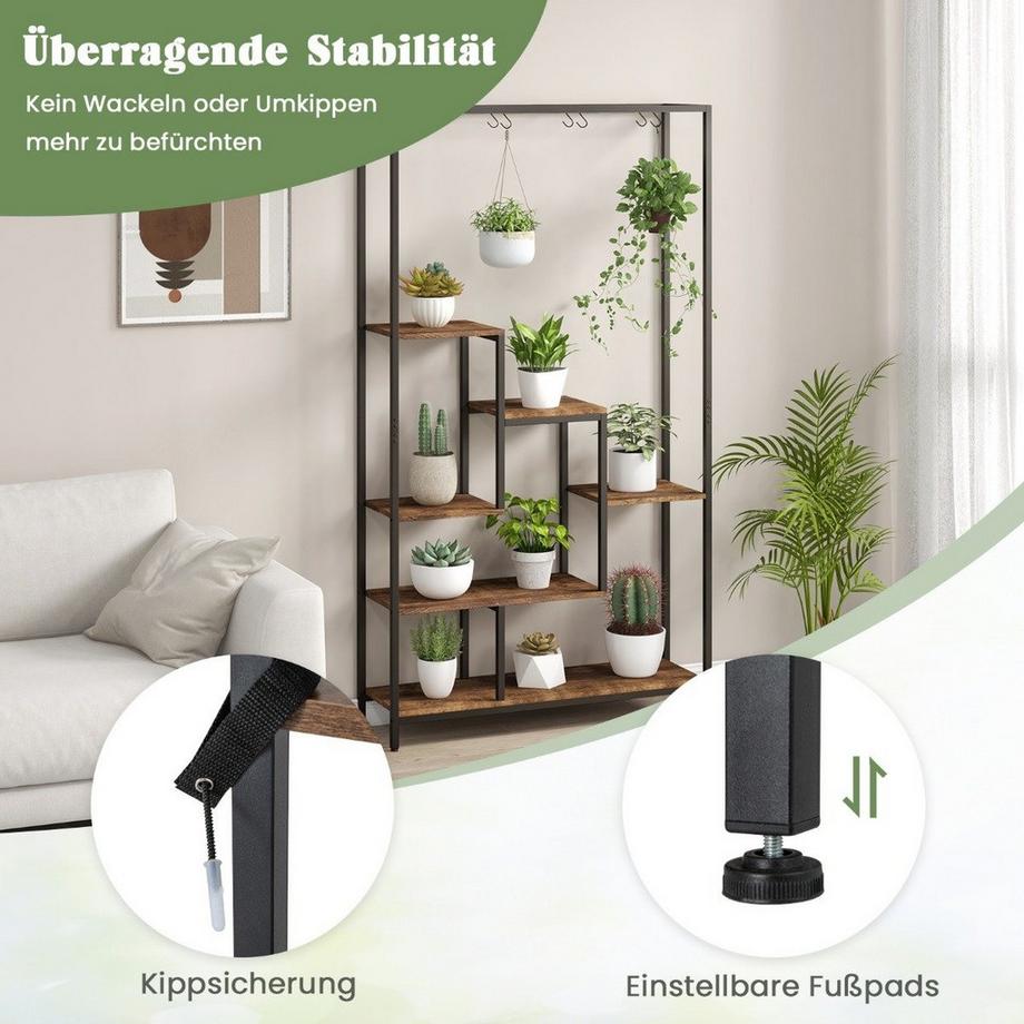 Northix Pflanzenständer 6 Etagen 180 cm Pflanzenregal Metall mit 10 S-Haken Schwarz + Rustikales Braun  