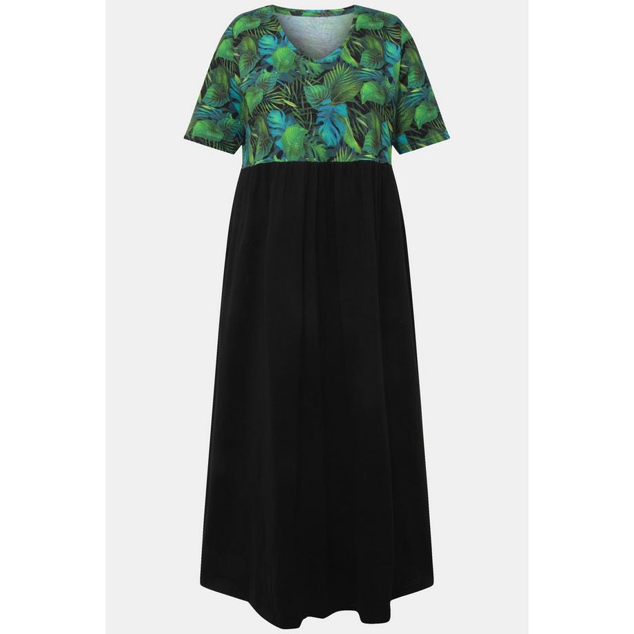 Ulla Popken Robe en Jersey Imprimé Feuilles Ligne A Col V Manches Courtes  