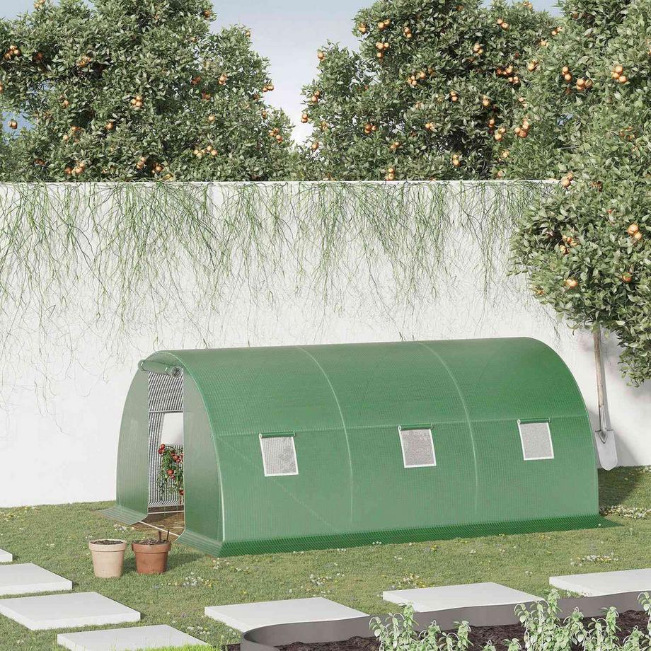 Northio Foliengewächshaus Polytunnel 4,5X3M Begehbar, 6 Fenster, Frostschutz, Stahlrohr, Dunkelgrün  