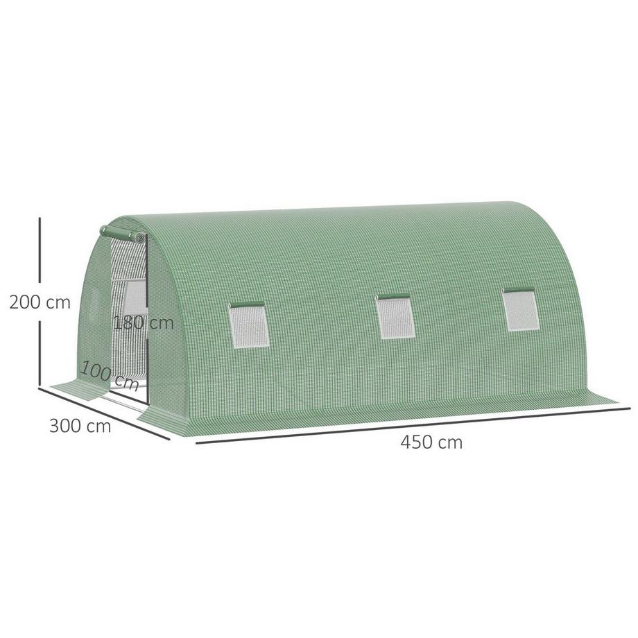 Northio Foliengewächshaus Polytunnel 4,5X3M Begehbar, 6 Fenster, Frostschutz, Stahlrohr, Dunkelgrün  