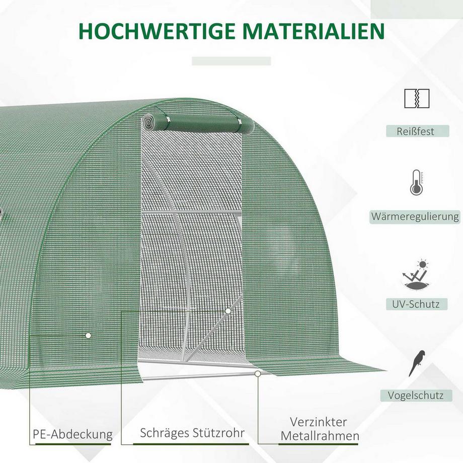 Northio Foliengewächshaus Polytunnel 4,5X3M Begehbar, 6 Fenster, Frostschutz, Stahlrohr, Dunkelgrün  