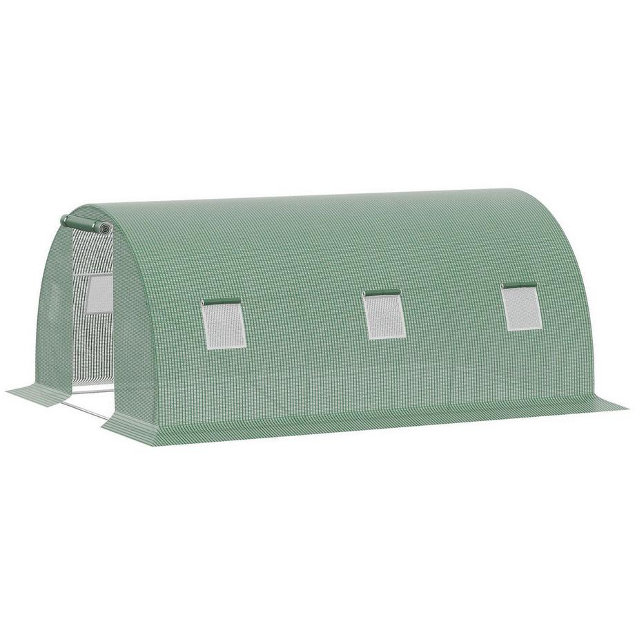 Foliengewächshaus Polytunnel 4,5X3M Begehbar, 6 Fenster, Frostschutz, Stahlrohr, Dunkelgrün