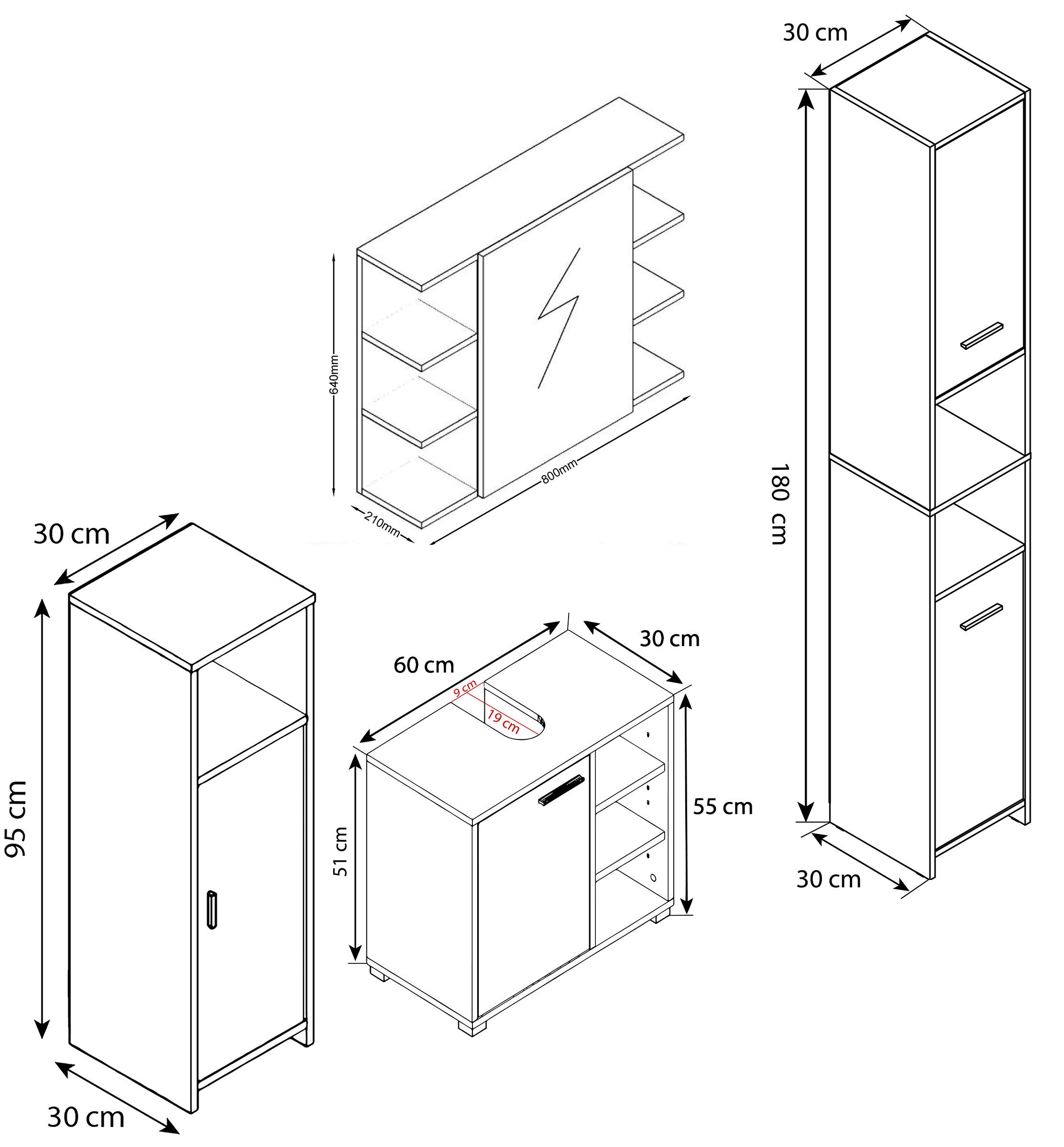 VCM 4 pcs. Meuble de salle de bain complet Armoire de salle de bain Armoire basse Hochschrank Set Zalo I  