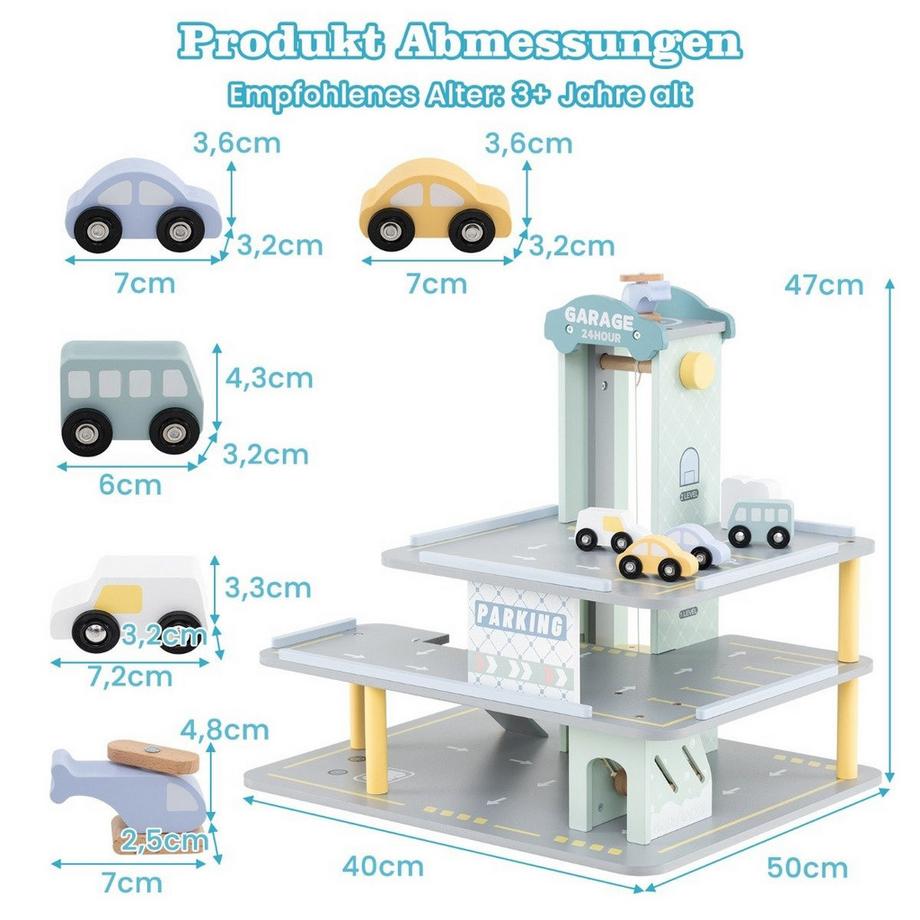Northio  Holz Parkhaus mit 3 Etagen & 4 Autos & Aufzug Parkgarage Autogarage Spielzeug für Kinder ab 3 J. 