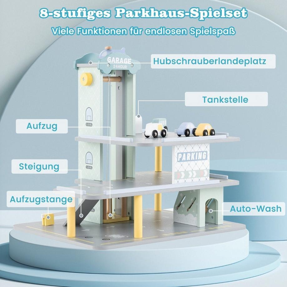 Northio  Holz Parkhaus mit 3 Etagen & 4 Autos & Aufzug Parkgarage Autogarage Spielzeug für Kinder ab 3 J. 