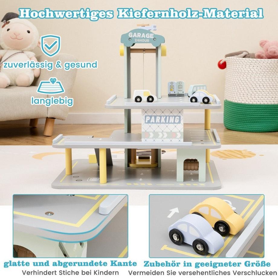Northio  Holz Parkhaus mit 3 Etagen & 4 Autos & Aufzug Parkgarage Autogarage Spielzeug für Kinder ab 3 J. 