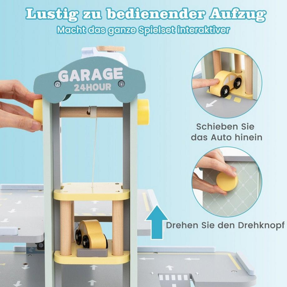 Northio  Holz Parkhaus mit 3 Etagen & 4 Autos & Aufzug Parkgarage Autogarage Spielzeug für Kinder ab 3 J. 