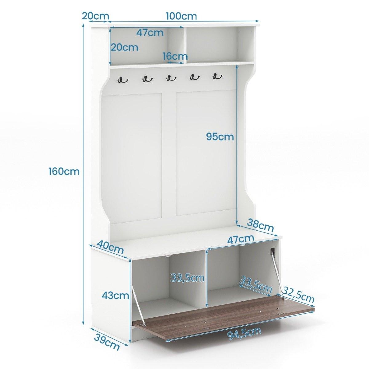 Northix Portemanteau avec banc & 5 crochets doubles portemanteau couloir portemanteau 100 x 40 x 160 cm blanc  