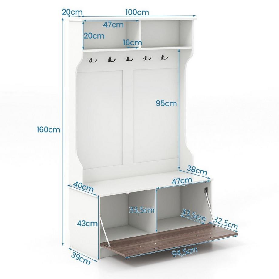 Northix Garderobenständer mit Sitzbank & 5 Doppelhaken Garderobe Flurgarderobe 100 x 40 x 160 cm Weiß  