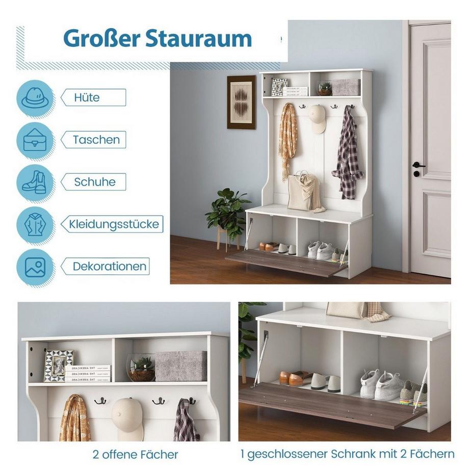 Northix Garderobenständer mit Sitzbank & 5 Doppelhaken Garderobe Flurgarderobe 100 x 40 x 160 cm Weiß  
