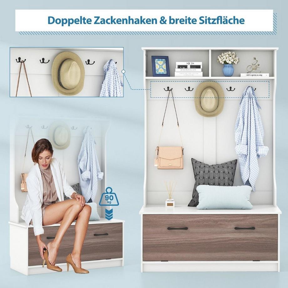 Northix Garderobenständer mit Sitzbank & 5 Doppelhaken Garderobe Flurgarderobe 100 x 40 x 160 cm Weiß  