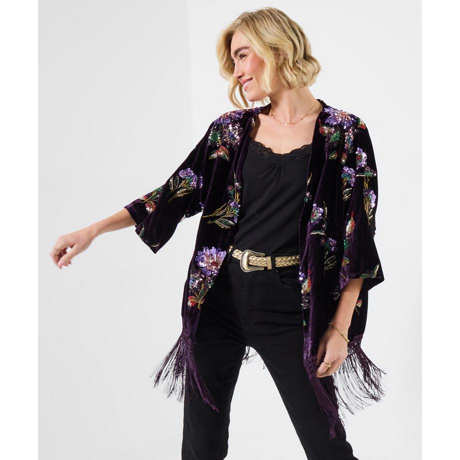 Samt-Kimono mit Pailletten und Blumenmuster