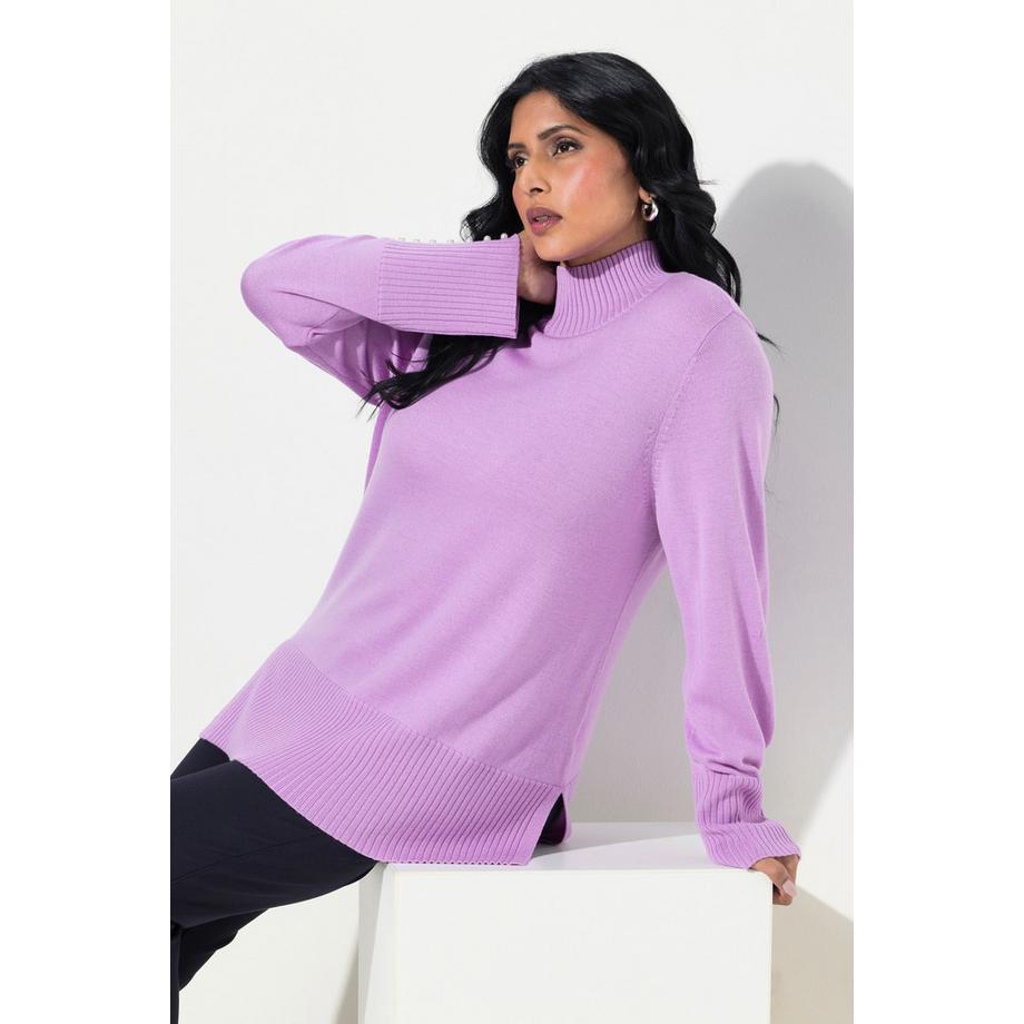 Ulla Popken Maglione Misto Lana Seta Collo Alto Perline Decorative  