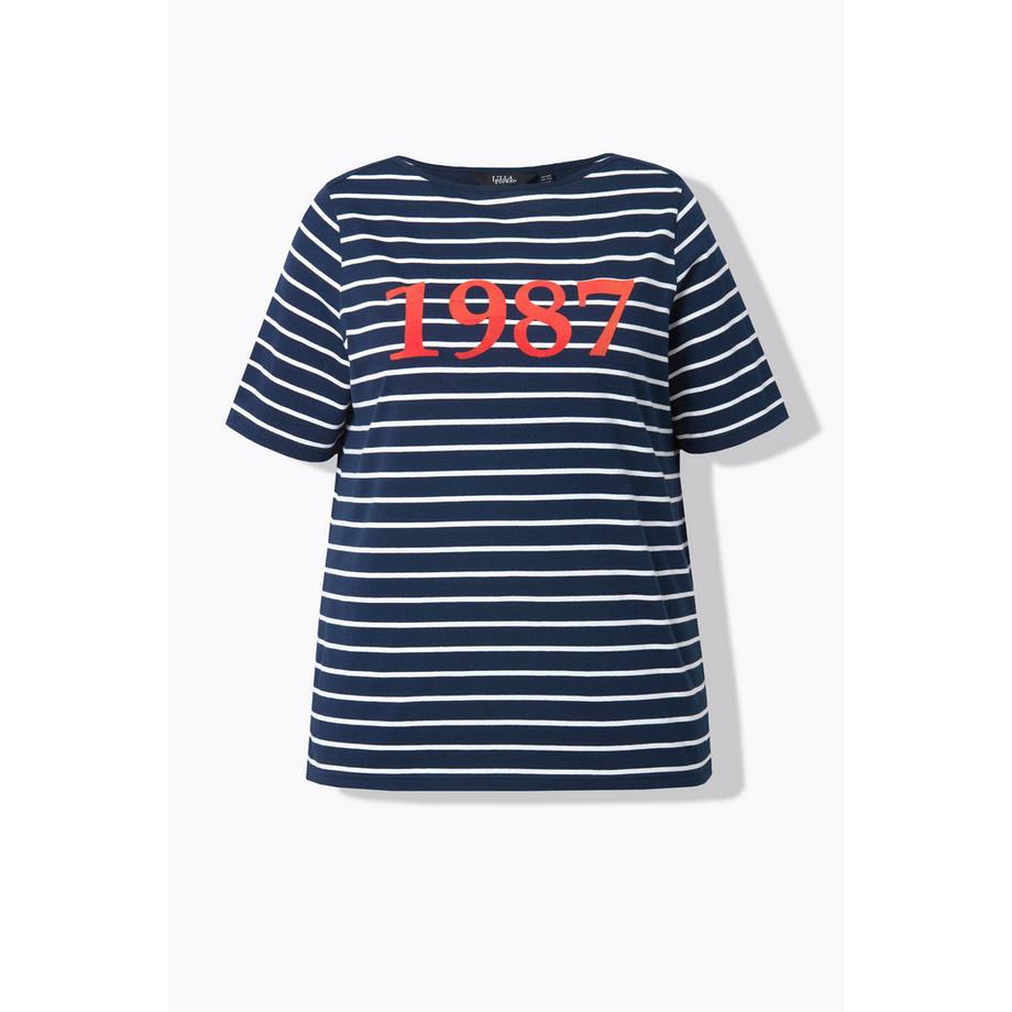 Ulla Popken Rayé Flocage Encolure Bateau Manches Courtes T-Shirt  