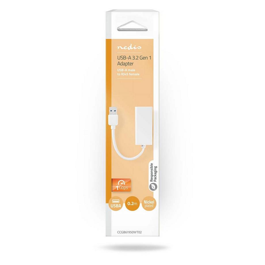 Nedis  Scheda di rete USB | USB 3.2 Gen 1 | 1 Gbps | USB-A Maschio | RJ45 Femmina | 0,20 m | Rotondo | Nichelato | Rame nudo | Bianco | Scatola 