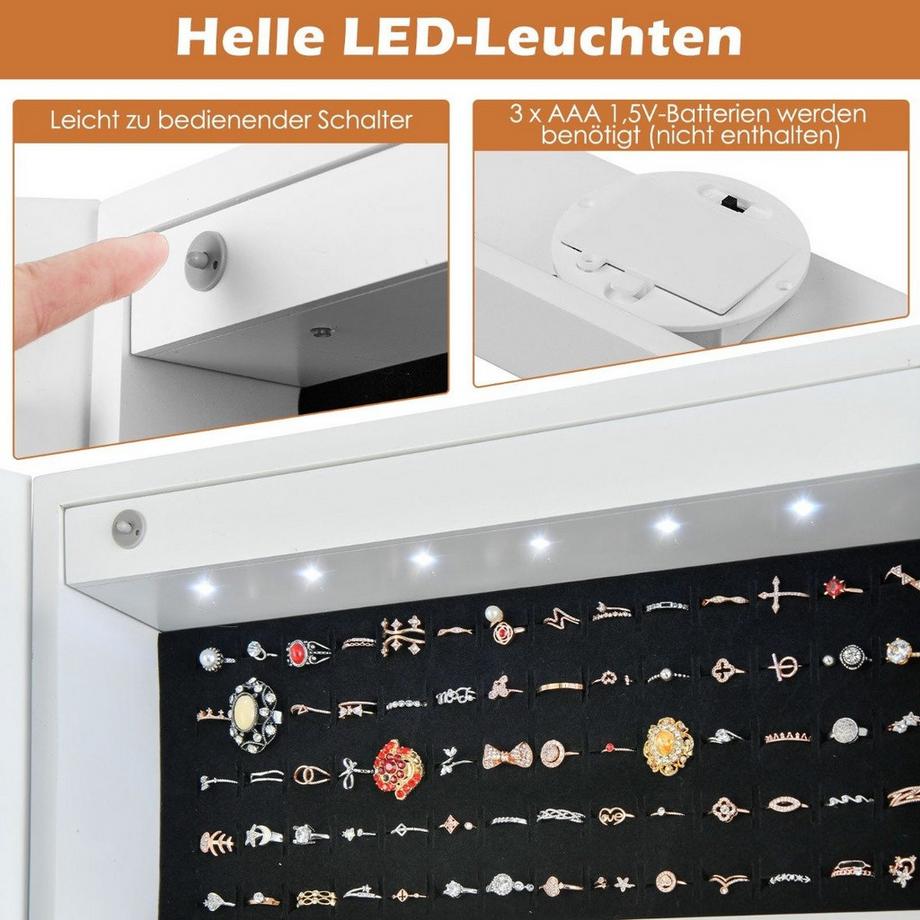 Northix Neigungsverstellbarer Schmuckschrank mit ganzkörperspiegel & LED-Leuchten Weiß  