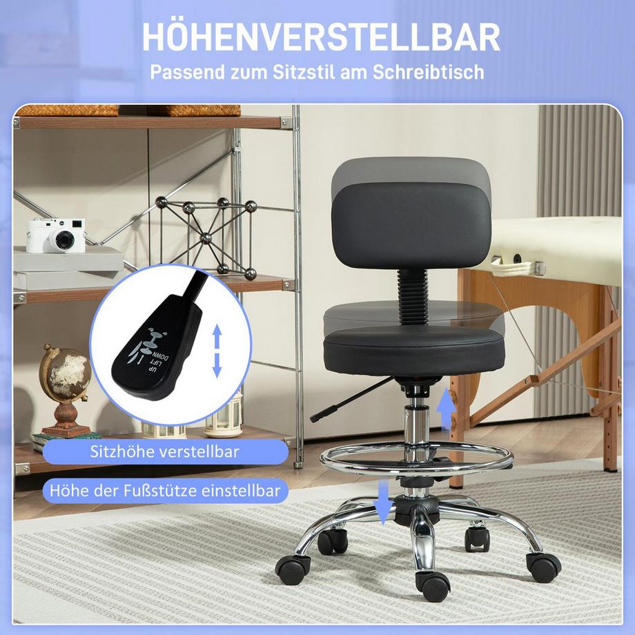 Northio Bürostuhl, Ergonomischer Zeichenstuhl, Höhenverstellbar Computerstuhl mit Fußring, Schreibtischstuhl, Drehstuhl für Wohnzimmer, Büro, Kunstleder, Schwarz Aosom  