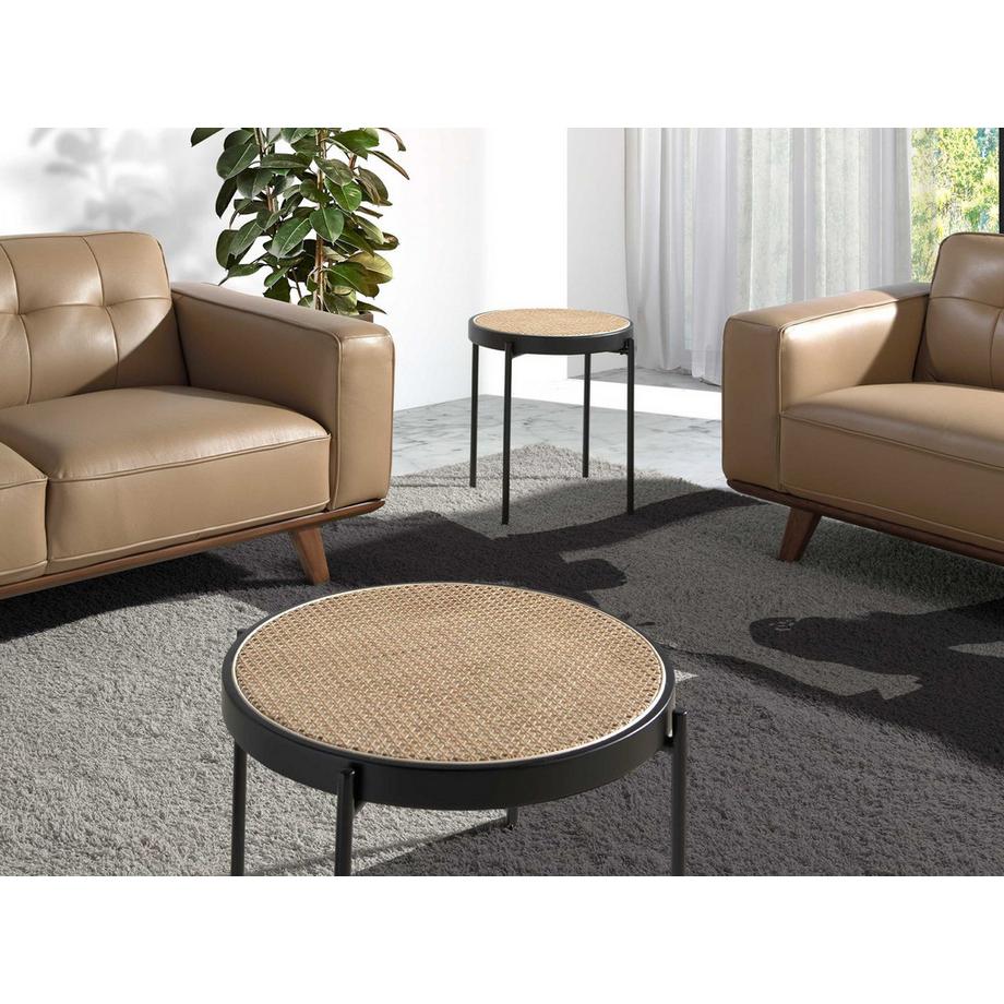 ANGEL CERDA Table d'angle ronde en rotin, bois noir et acier noir  