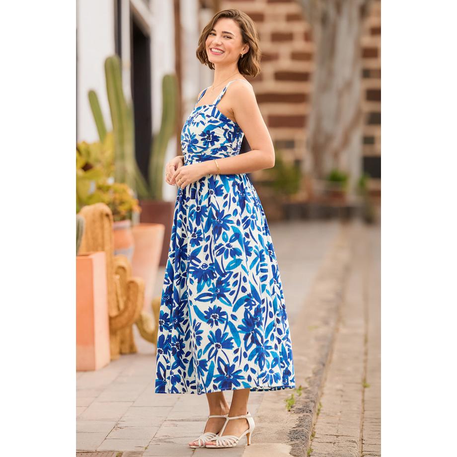 Robe Maxi Imprimée avec Bretelles Réglables et Corsage Froncé