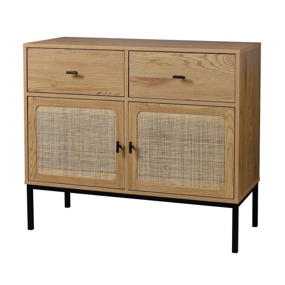 Calicosy Cassettiera a 2 ante e 2 cassetti con impagliatura in rattan - L90 cm  