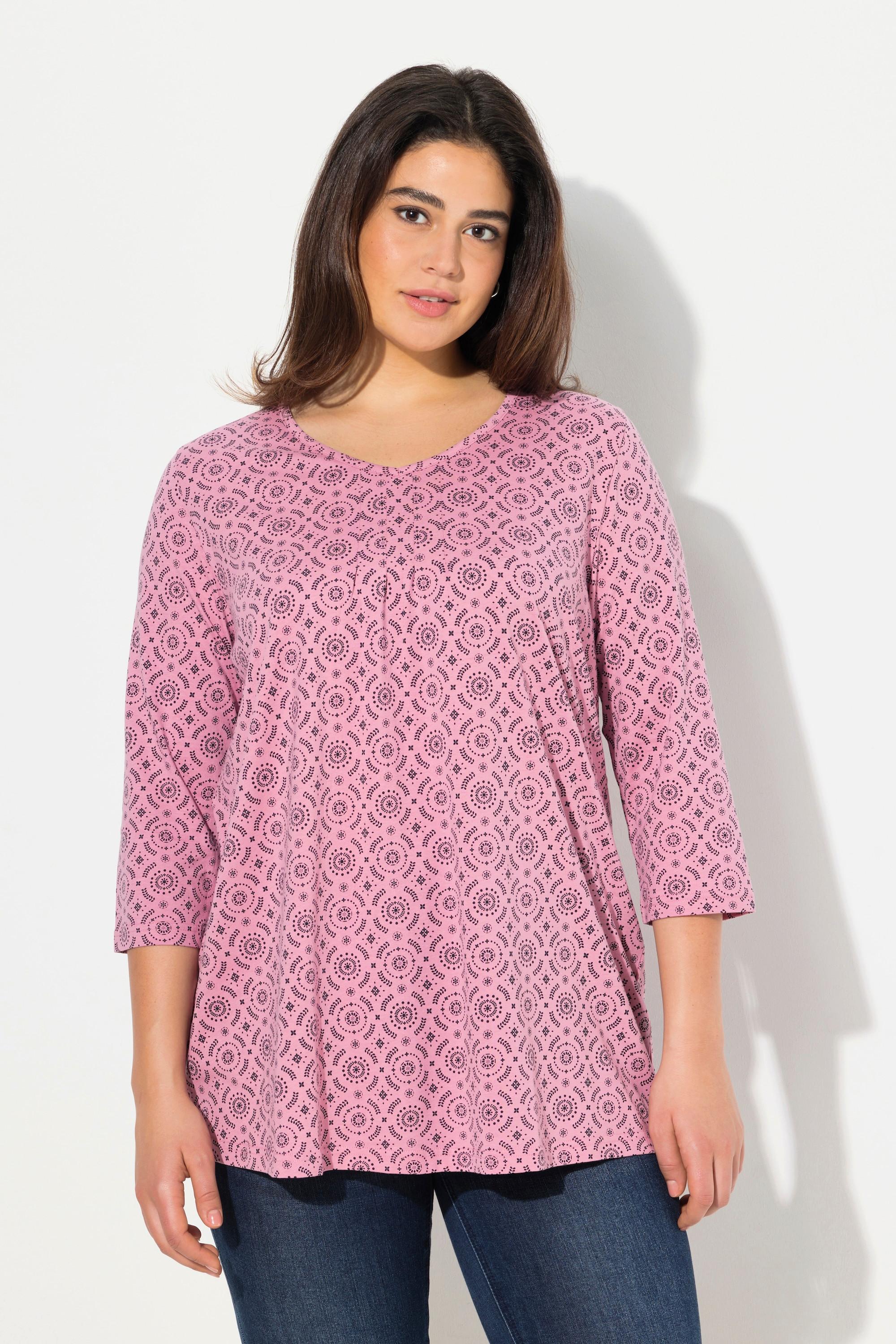 Ulla Popken  Shirt, A-Linie, Zierfalten, V-Ausschnitt, 3/4-Arm 