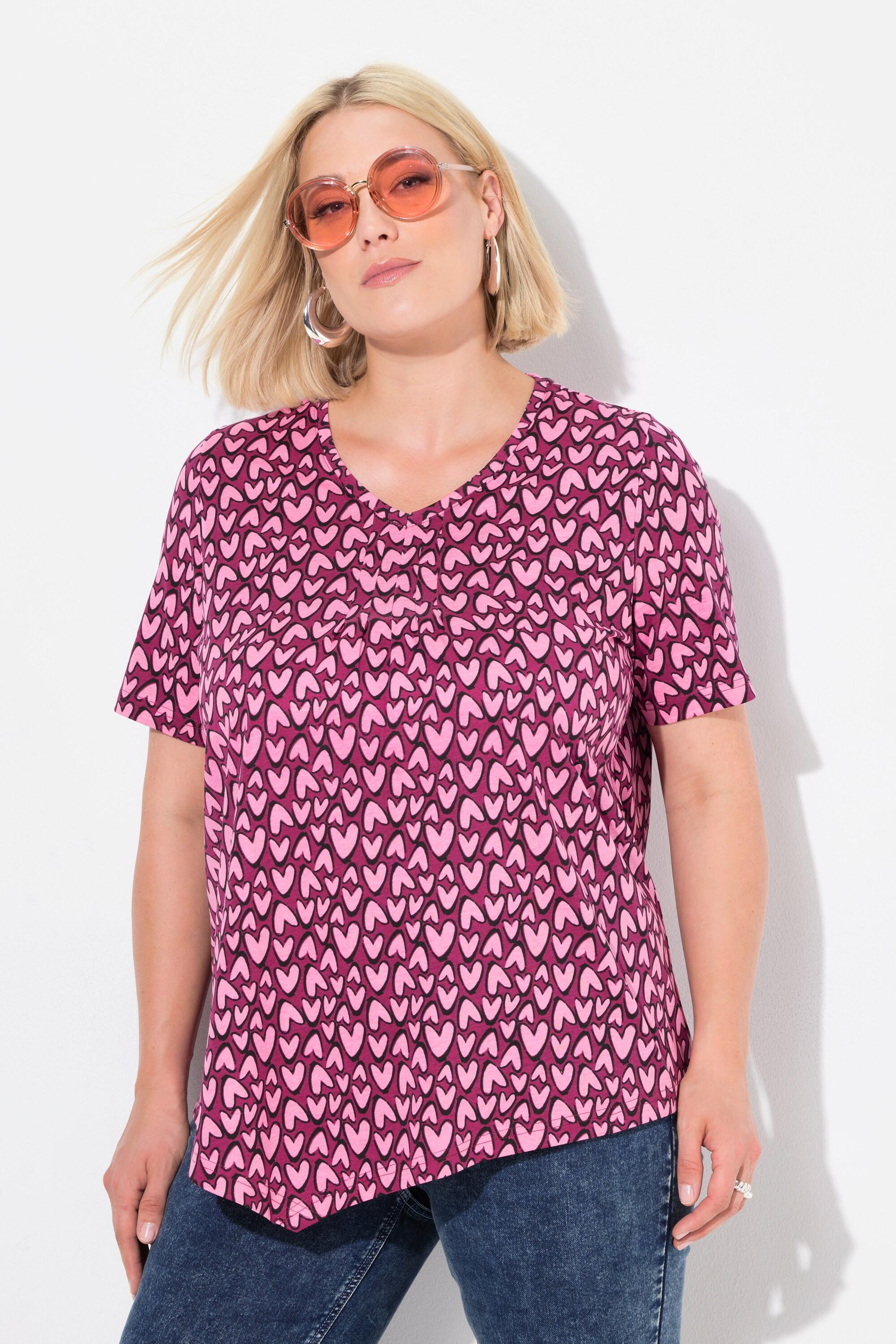 Ulla Popken  T-shirt, cuori, bordo asimmetrico, scollo a V, mezza manica 