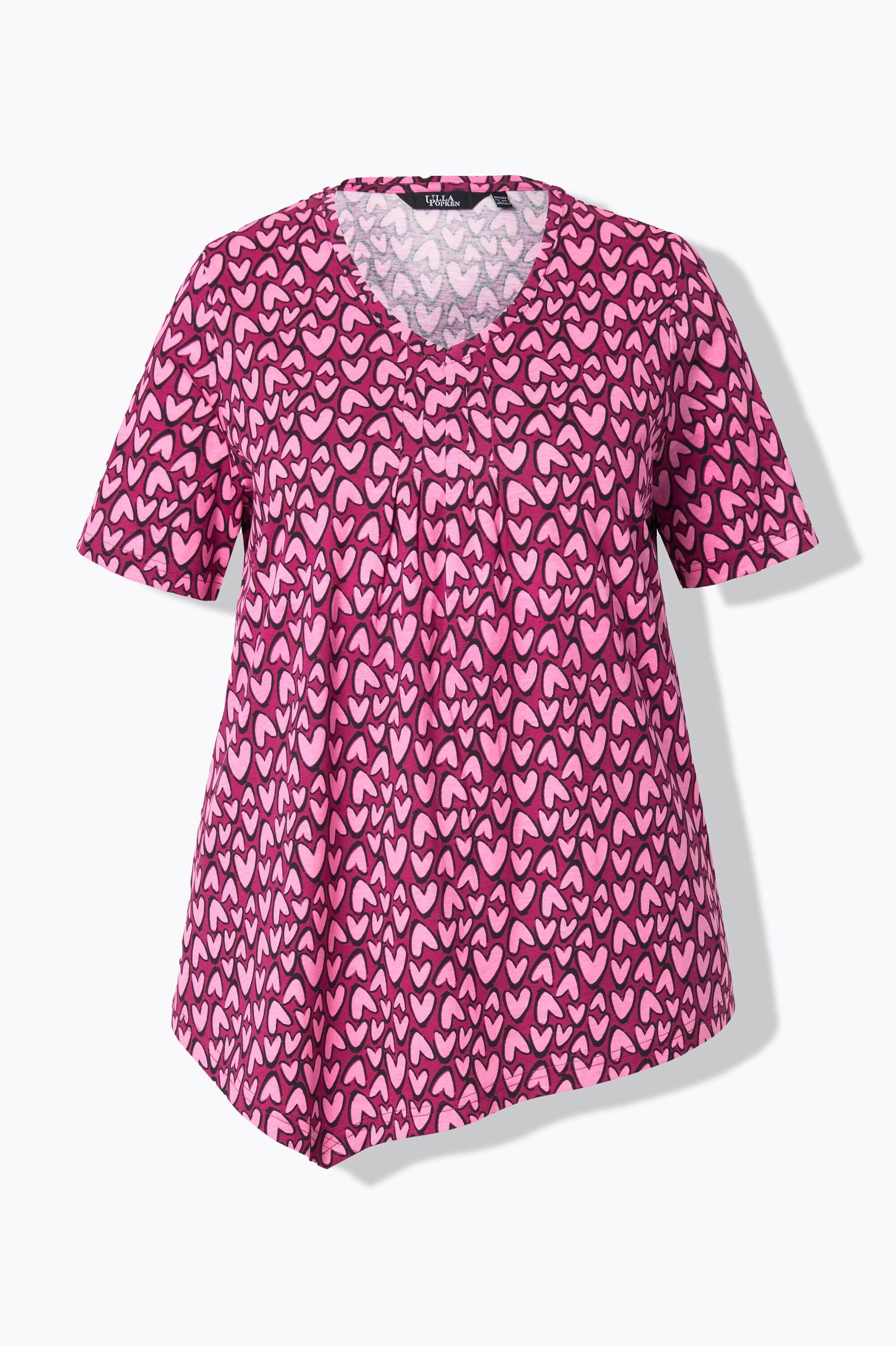 Ulla Popken  T-shirt, cuori, bordo asimmetrico, scollo a V, mezza manica 