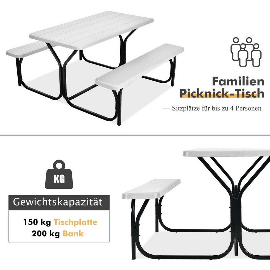 Northio Bierzeltgarnitur Picknicktisch & 2 Sitzbänke mit Metallrahmen Weiß  