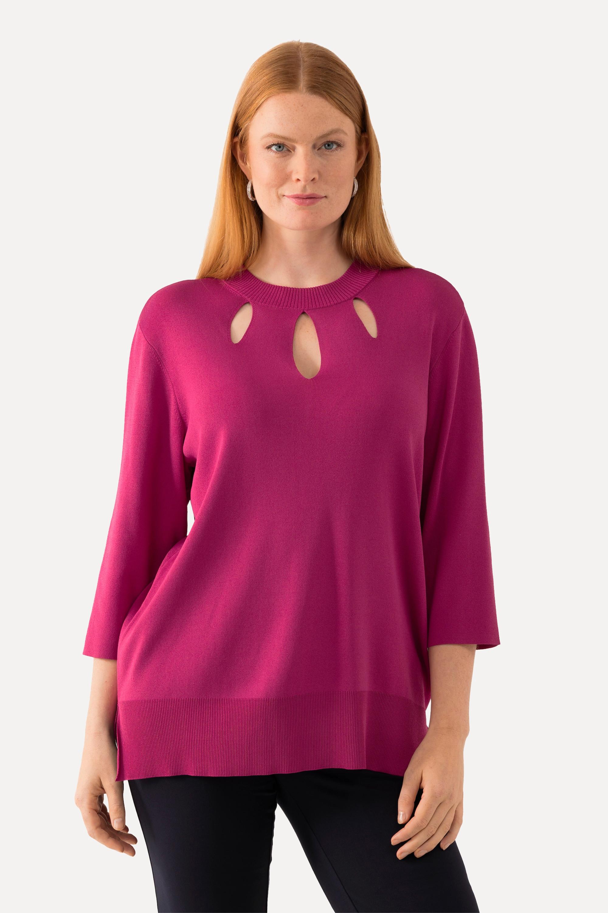 Ulla Popken  Pullover, Cut-Outs, Stehkragen, 3/4-Arm, Rippstrick 