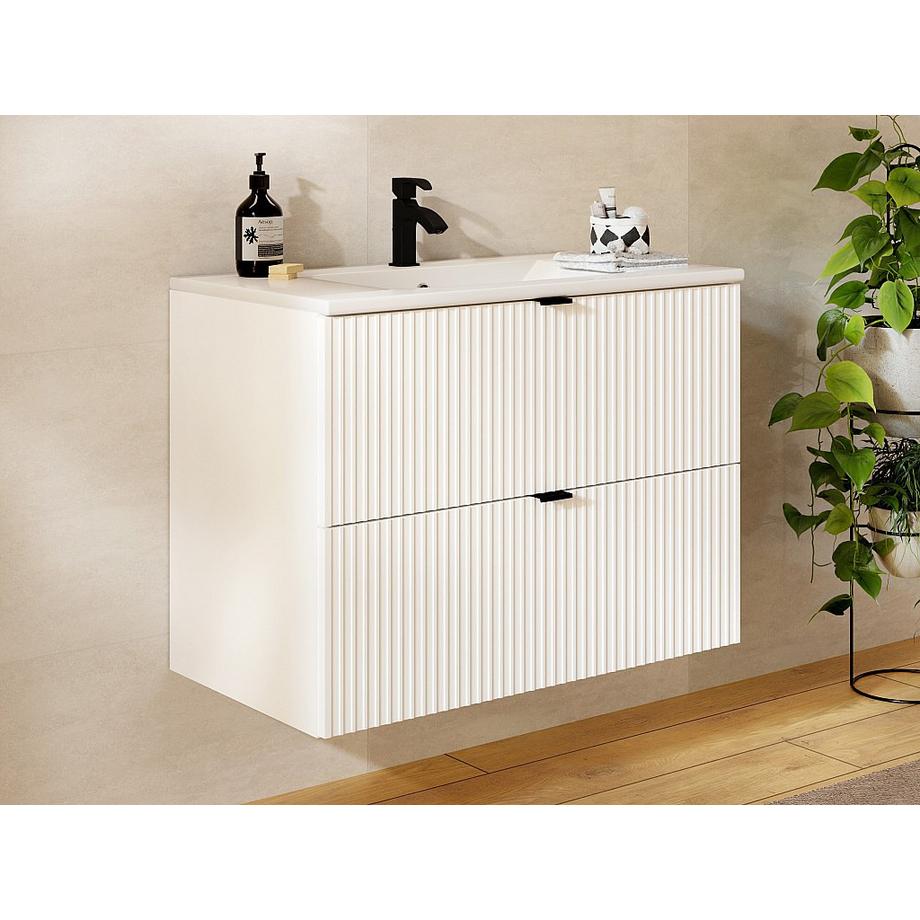 Vente-unique Meuble de salle de bain suspendu strié avec vasque à encastrer - Blanc mat - 80 cm - ZEVINI  