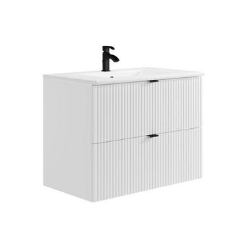 Meuble de salle de bain suspendu strié avec vasque à encastrer - Blanc mat - 80 cm - ZEVINI
