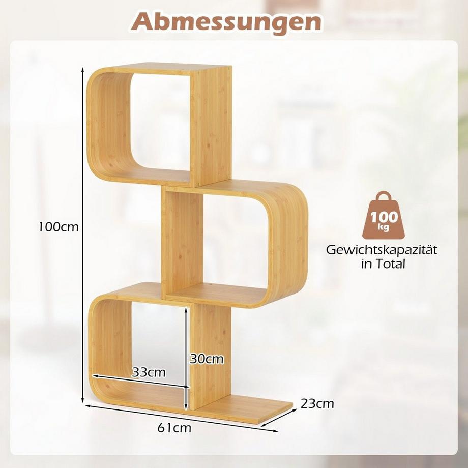 Northix S-förmiges Bücherregal aus Bambus mit 3 Ebenen Standregal Würfelregal Büroregal 61 x 23 x 100 cm  