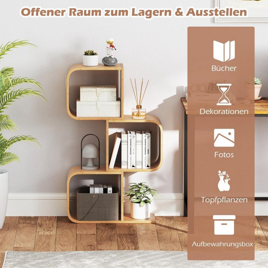 Northix S-förmiges Bücherregal aus Bambus mit 3 Ebenen Standregal Würfelregal Büroregal 61 x 23 x 100 cm  
